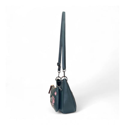 Women's Polyurethane Floral Embroidered Crossbody Sling Bag with Adjustable &amp; Removable Strap (Blue)