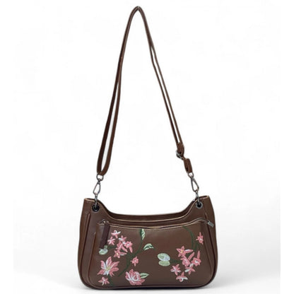 Women's Polyurethane Floral Embroidered Crossbody Sling Bag with Adjustable &amp; Removable Strap (Brown)