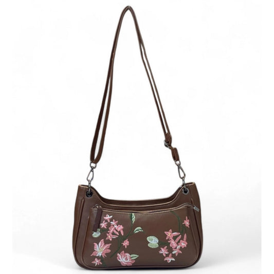 Women's Polyurethane Floral Embroidered Crossbody Sling Bag with Adjustable &amp; Removable Strap (Brown)