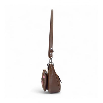 Women's Polyurethane Floral Embroidered Crossbody Sling Bag with Adjustable &amp; Removable Strap (Brown)