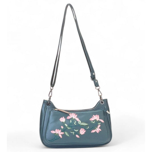 Women's Polyurethane Floral Embroidered Crossbody Sling Bag with Adjustable &amp; Removable Strap (Light Blue)