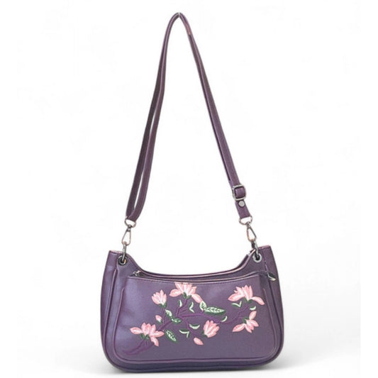 Women’s Purple Floral Embroidered Crossbody Sling Bag with Adjustable & Removable Strap