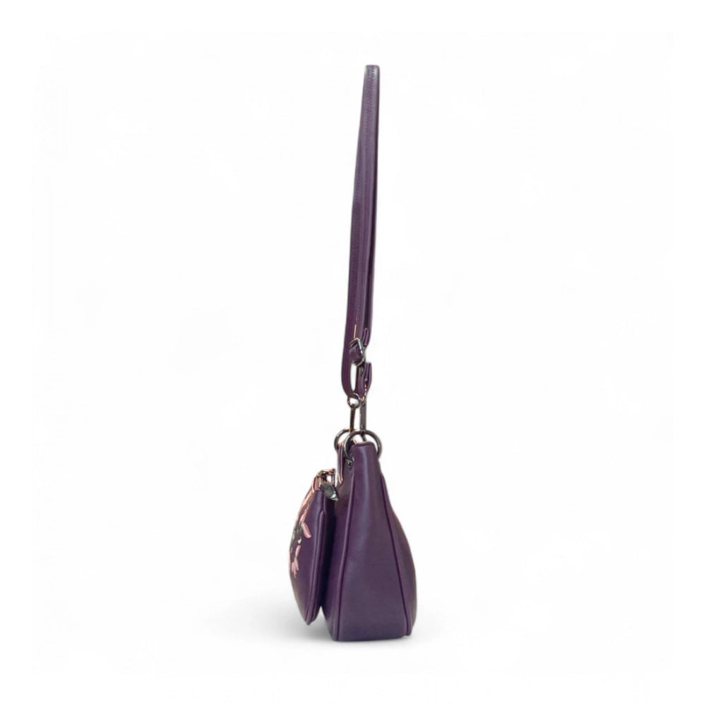 Women’s Purple Floral Embroidered Crossbody Sling Bag with Adjustable & Removable Strap