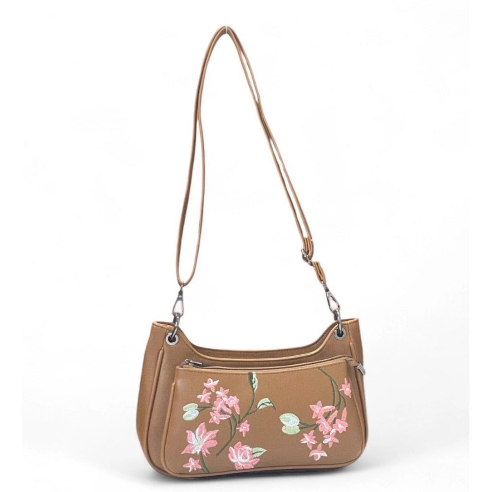 Women’s Tan Floral Embroidered Crossbody Sling Bag with Adjustable & Removable Strap