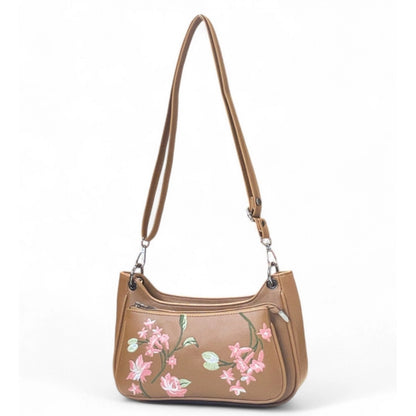 Women’s Tan Floral Embroidered Crossbody Sling Bag with Adjustable & Removable Strap