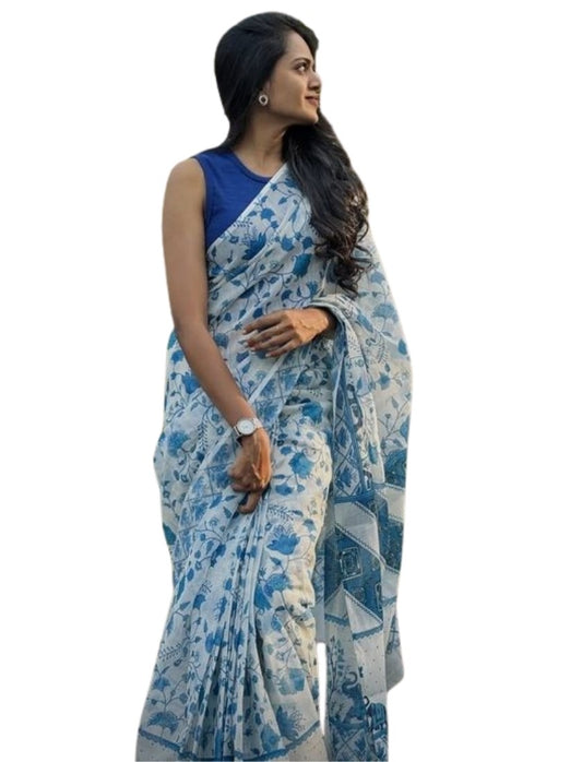 Women's Linen Floral Printeded Saree With Unstitched Blouse - 5.5 Mtr (White-Blue)
