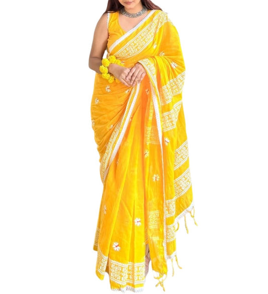 Women's Linen Floral Printed Saree With Unstitched Blouse - 5.5 Mtr (Yellow)