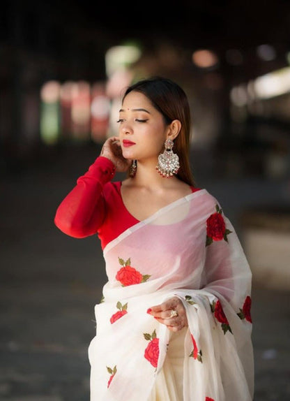Women's Linen Floral Printed Saree With Unstitched Blouse - 5.5 Mtr (White-Red)