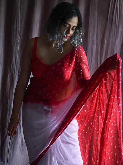 Women's Linen Printed Saree With Unstitched Blouse - 5.5 Mtr (White-Red)
