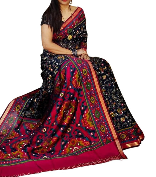 Women's Linen Printed Saree With Unstitched Blouse - 5.5 Mtr (Black-Pink)