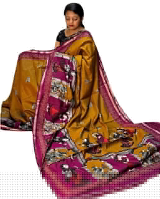Women's Linen Kalamkari Printed Saree With Unstitched Blouse - 5.5 Mtr (Mustard Yellow-Magenta)