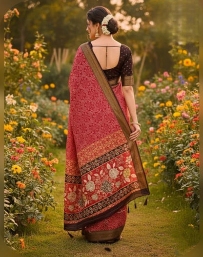 Women's Linen Floral Printed Saree With Unstitched Blouse - 5.5 Mtr (Red)
