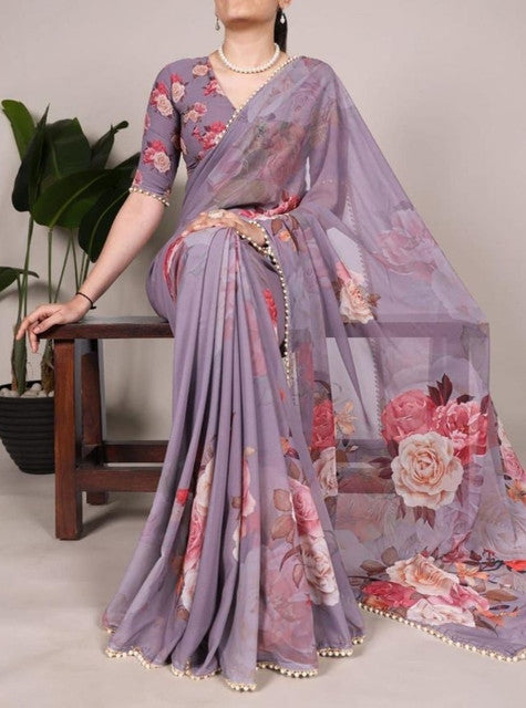 Women's Georgette Floral Printed Saree With Unstitched Blouse - 5.5 Mtr (Lavender)