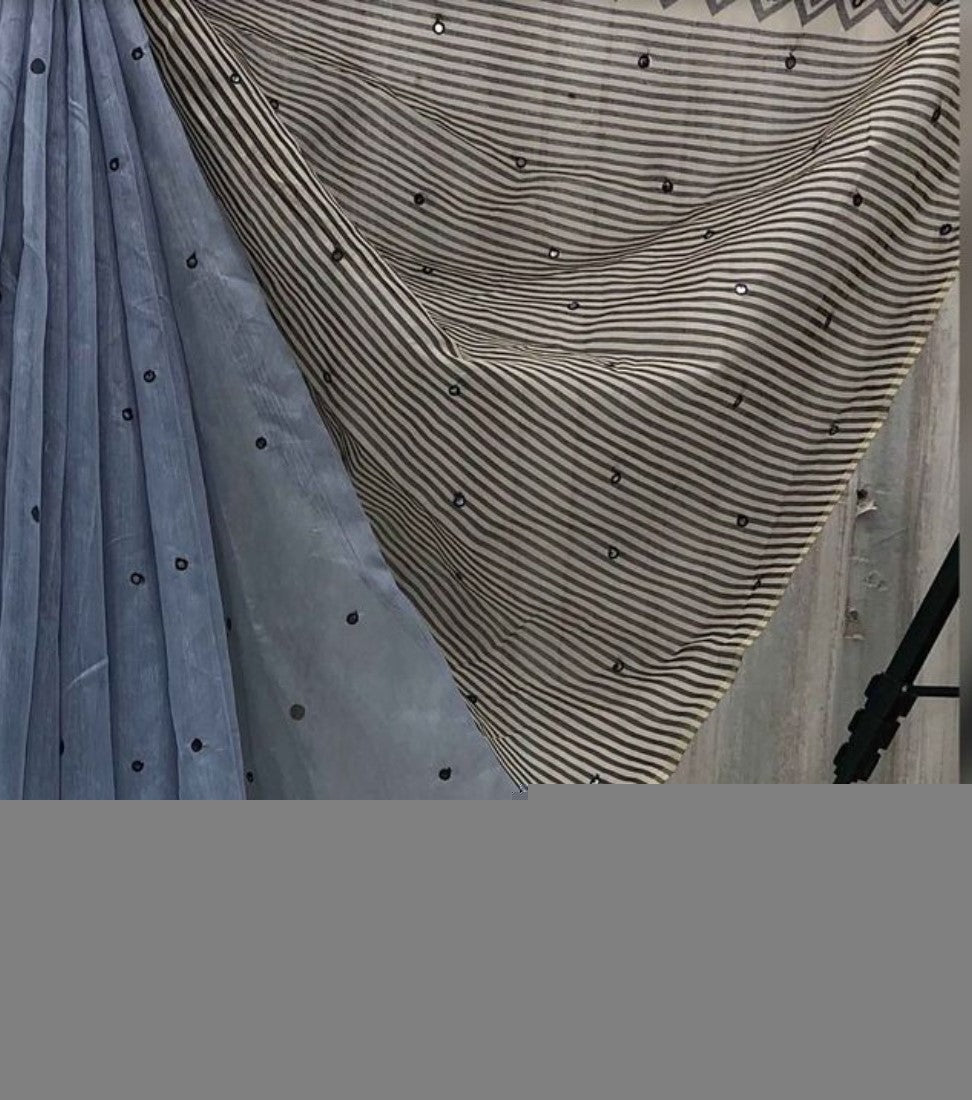 Women's Linen Striped Saree With Unstitched Blouse - 5.5 Mtr (Grey)