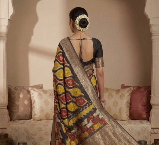 Women's Art Silk Kalamkari Printed Saree With Unstitched Blouse - 5.5 Mtr (Multicolor)