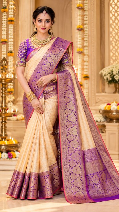 Purple Soft Lichi Silk Printed Saree