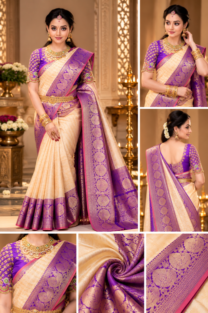 Purple Soft Lichi Silk Printed Saree