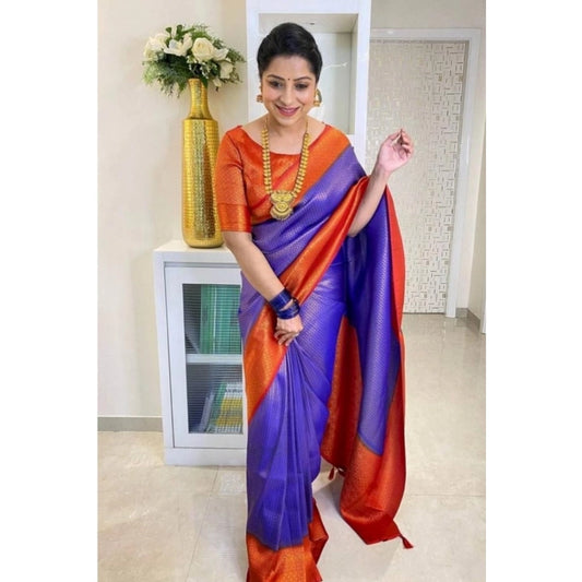 Women's Soft Lichi Silk Printed Saree With Unstitched Blouse 5.5Mtr (Blue) - VANSHELLE